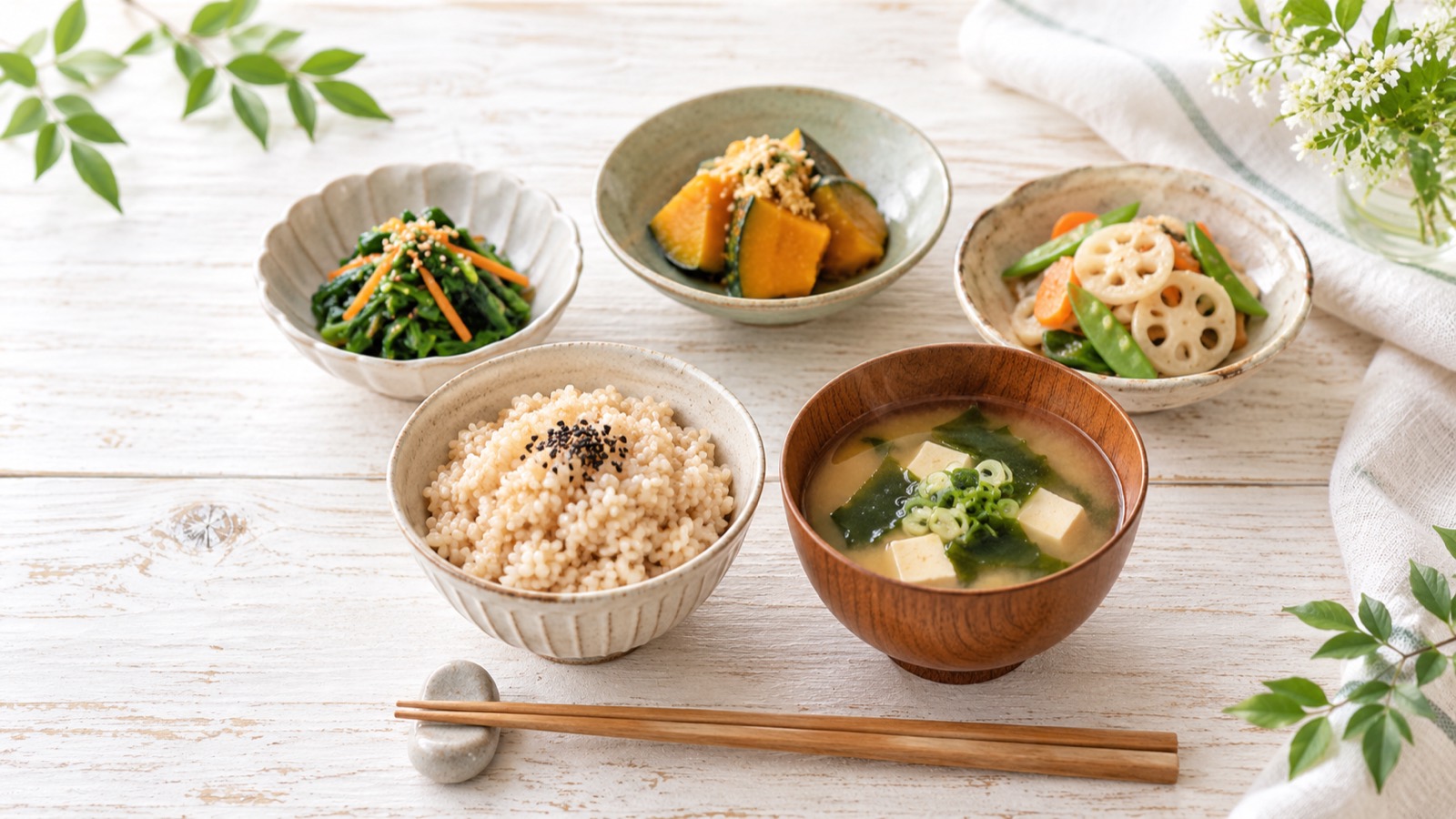 玄米・味噌汁・小鉢の一汁三菜