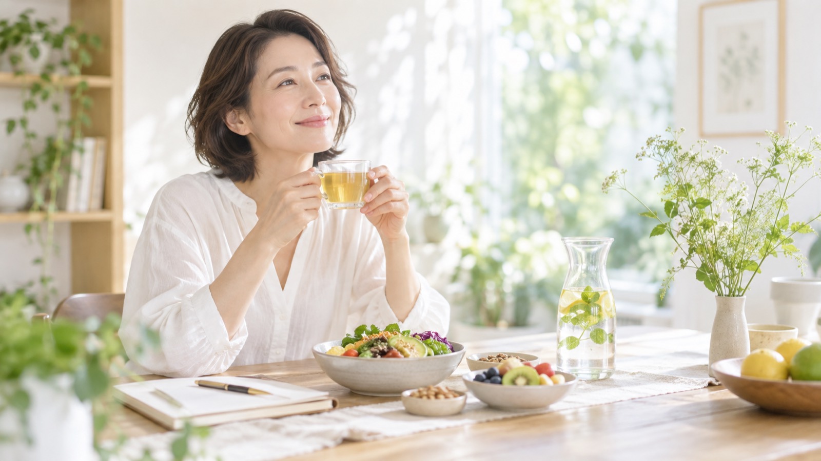 朝の食卓でお茶を飲む