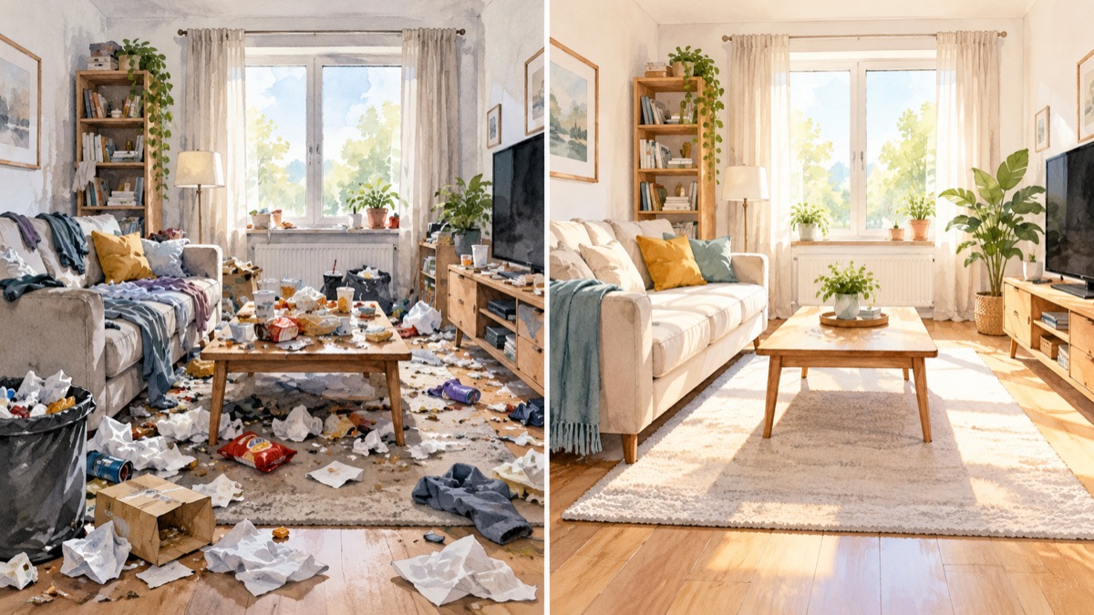 散らかった部屋と、片付いた部屋